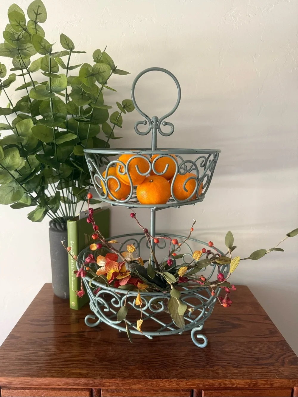 2-Tier Metal Stand | Distressed Blue | Rustic Cottage Decor